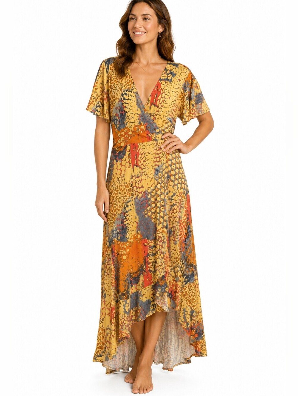 VENUS Multi Animal Print Ruffle Hi Low Maxi Dress Slit Sleeves Medium - Picture 1 of 8